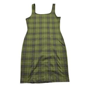 Popular Basics Green Plaid Bodycon Dress Womens Size L Sleeveless Stretch Casual
